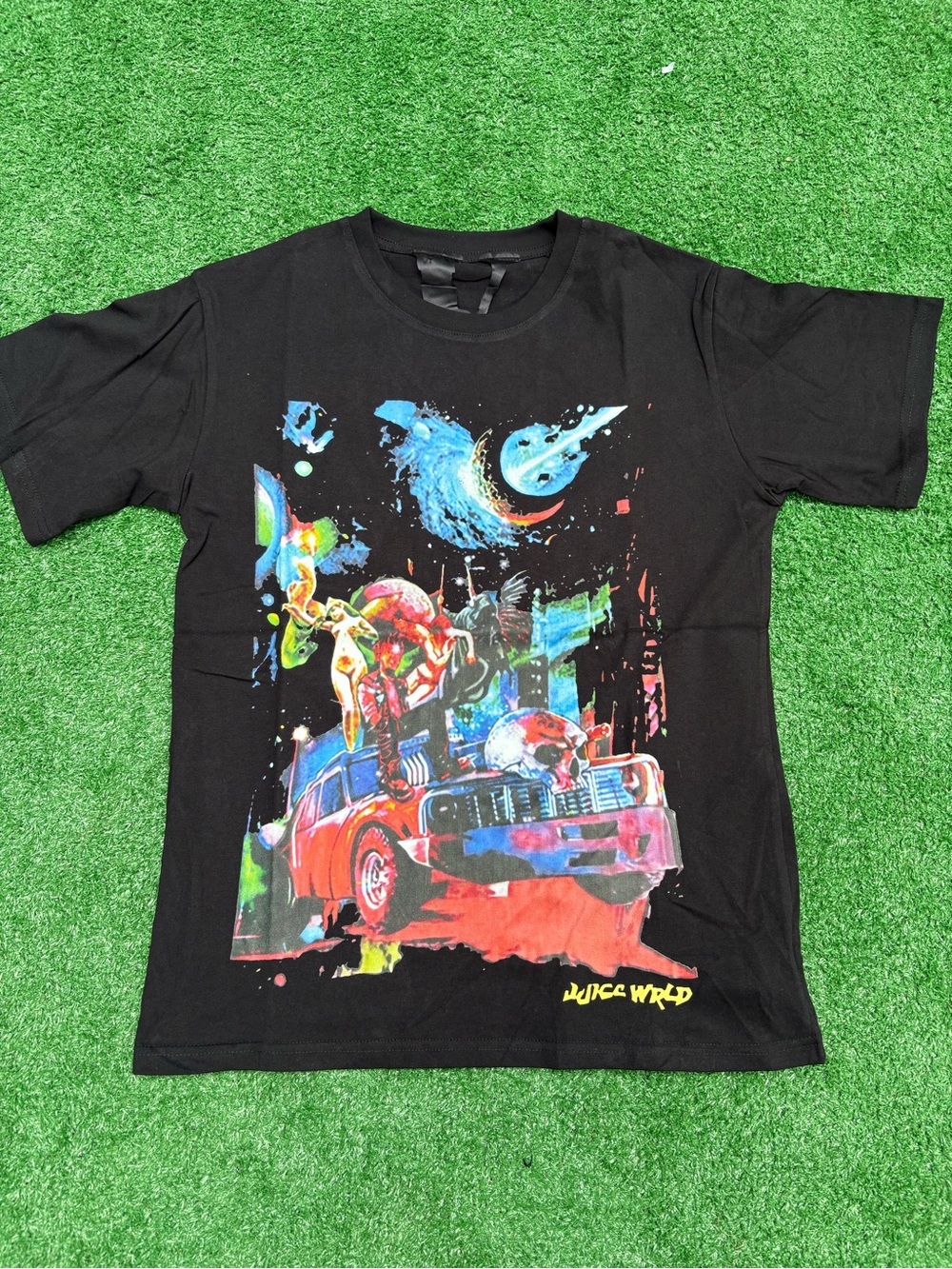 VLONE Black Short Sleeve Tee with Multicolor Space Car Graphic